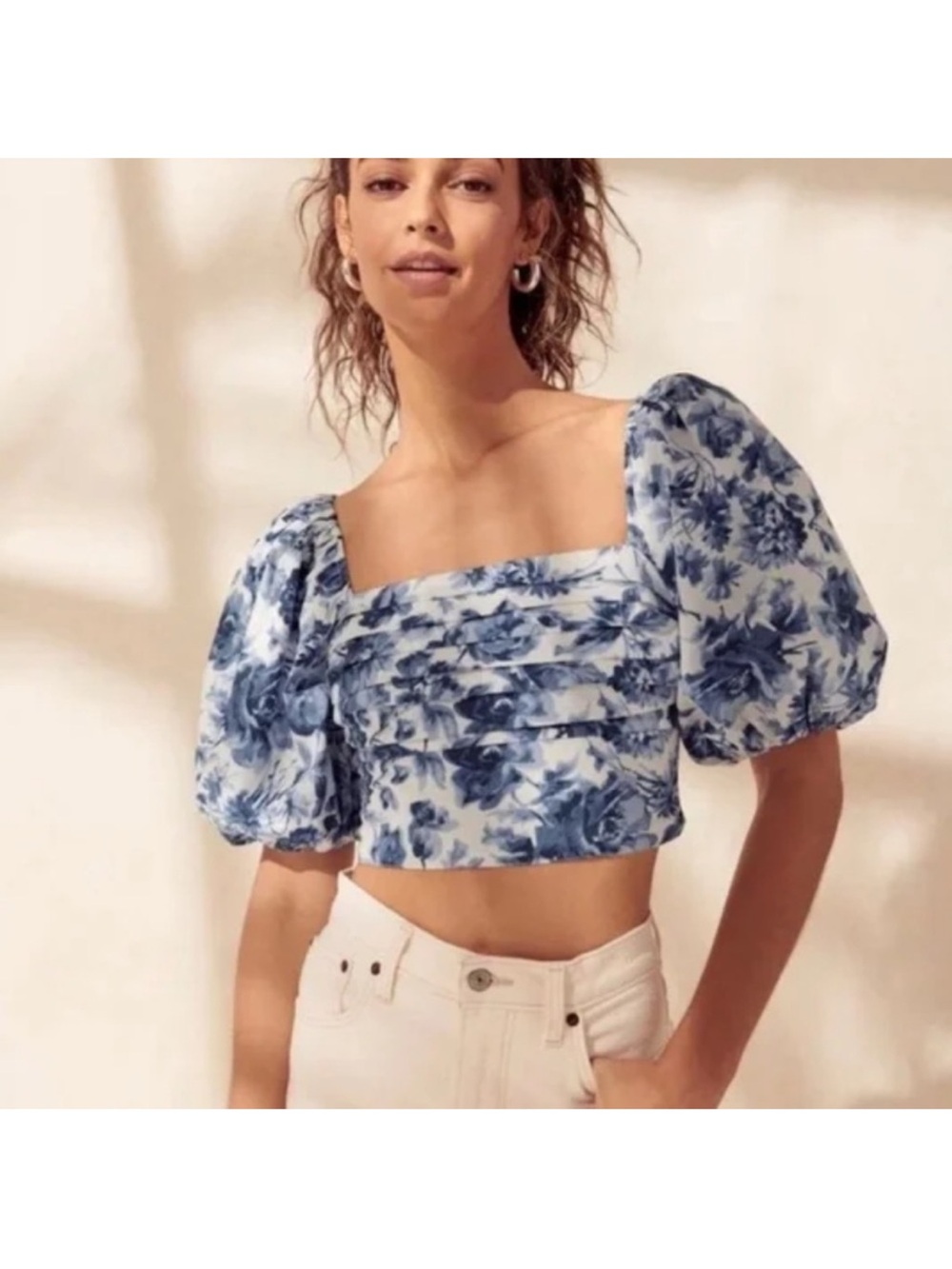 Abercrombie & Fitch Blue Floral Puff Sleeve Crop Top Smocked Pleated L